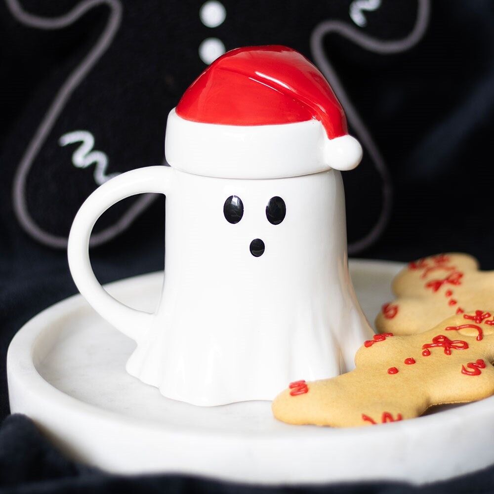 Tazza a forma di fantasma con coperchio a forma di cappello di Babbo Natale
