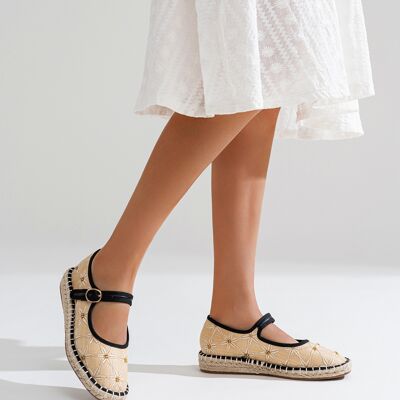 Espadrille Mary Jane brodée de fleurs en raphia