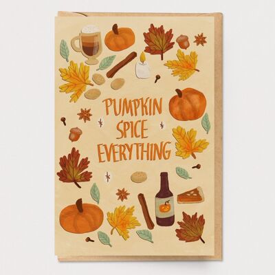 Tarjeta de otoño con todo y especias de calabaza