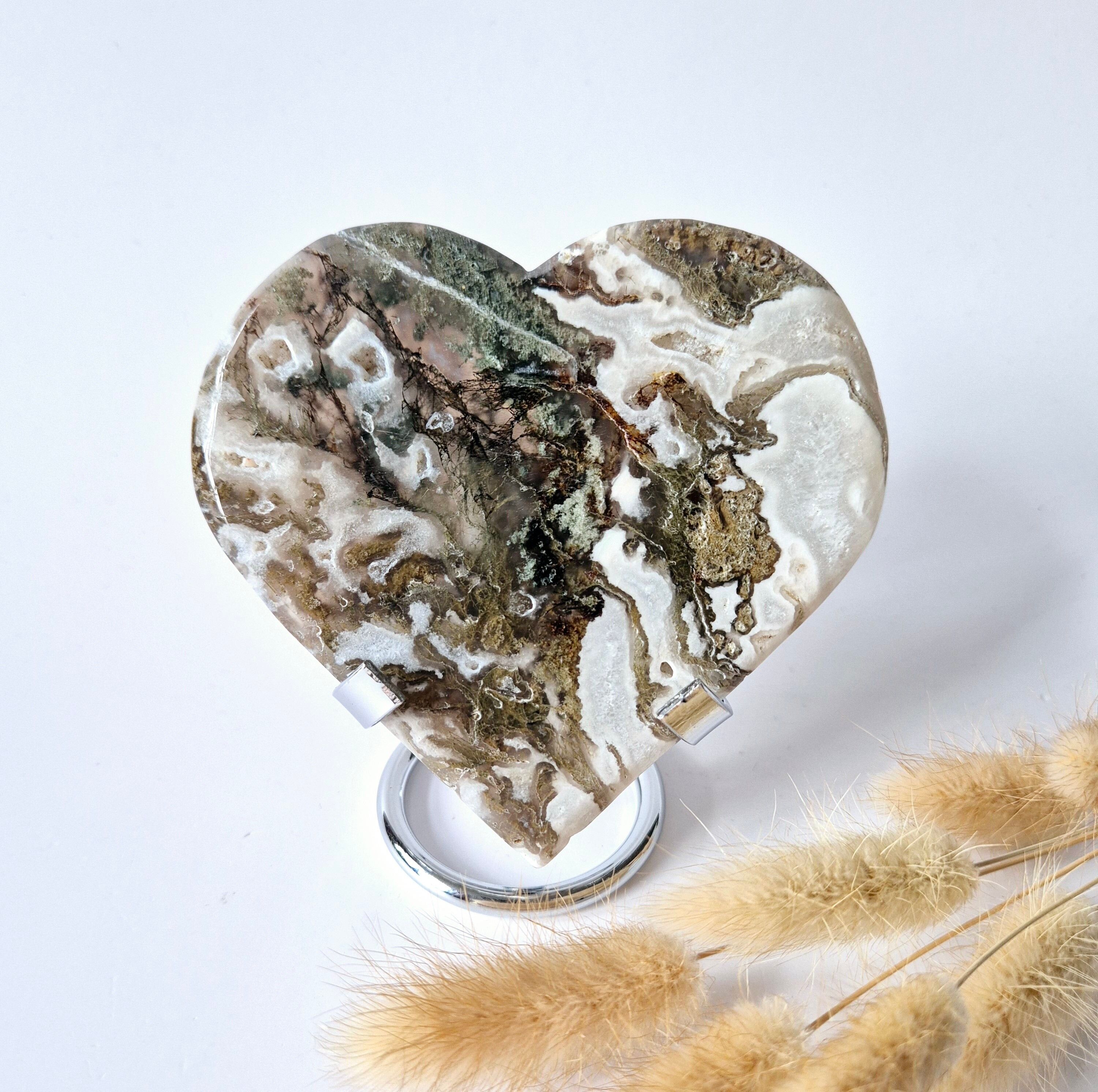 Gemma grande agata muschiata Druzy a forma di cuore su supporto in metallo – #39 181 grammi