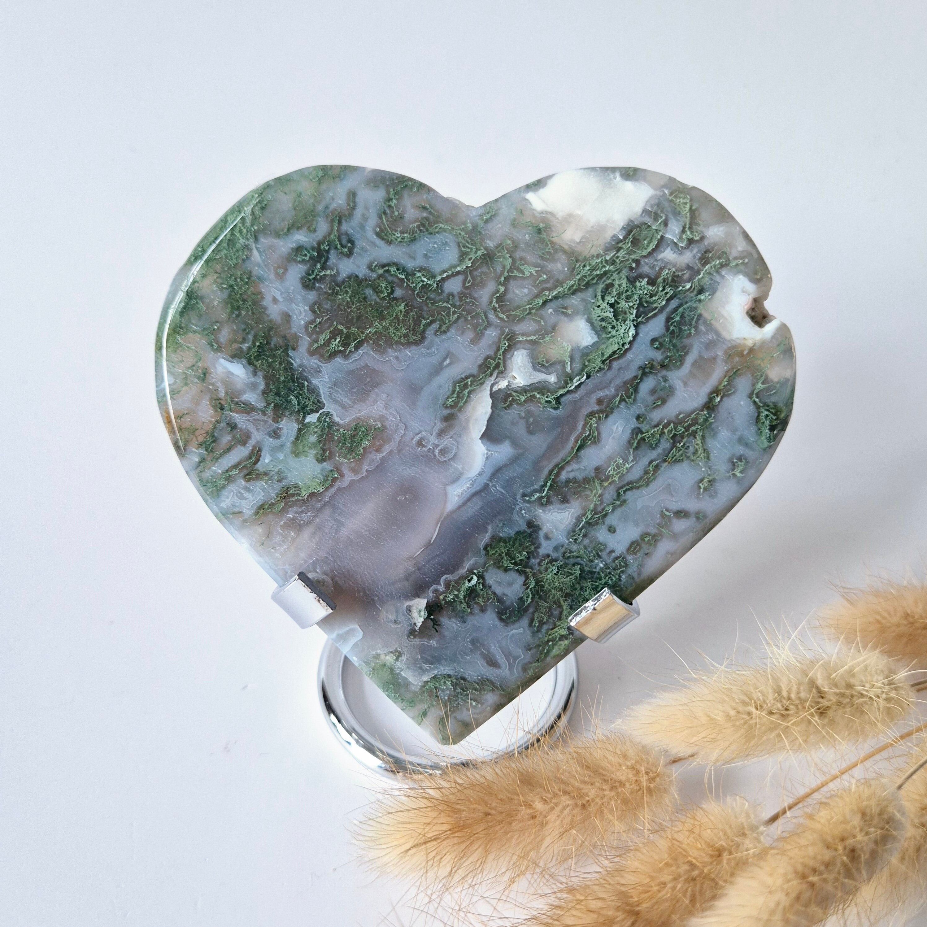 Gemma grande agata muschiata Druzy a forma di cuore su supporto in metallo – #41 211 grammi