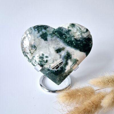 Gemstone Large Druzy Moss Agate Heart on Metal Stand – #57 227grams