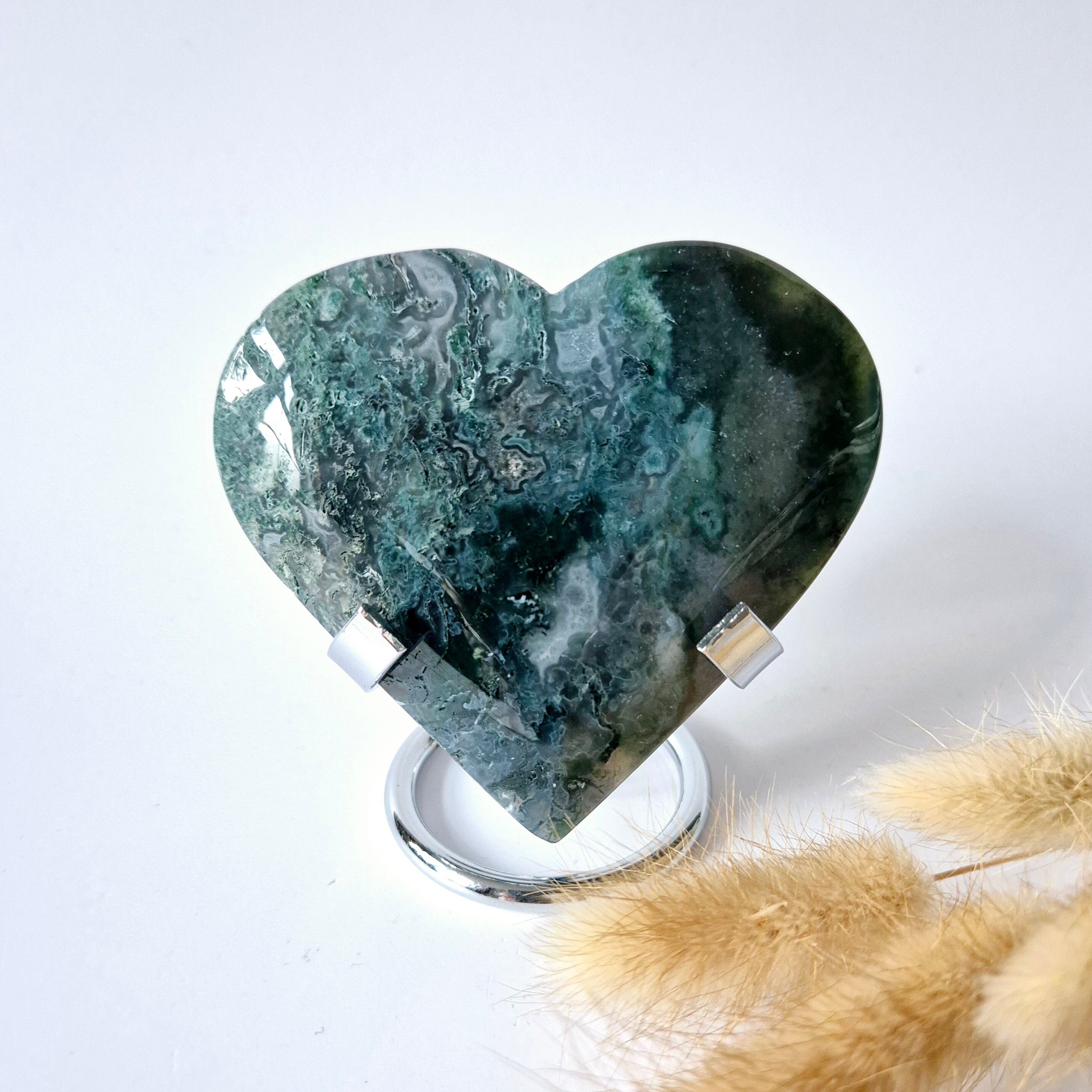 Gemma grande agata muschiata Druzy a forma di cuore su supporto in metallo – #58 188 grammi