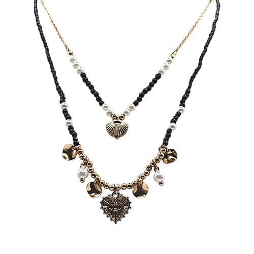 Black & Pearl Double Layer Charm Necklace