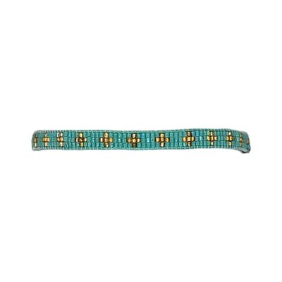 Pulsera estrecha con cuentas cruzadas en oro y aguamarina
