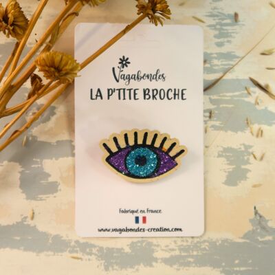 Broche fantaisie en cuir et paillettes - Oeil