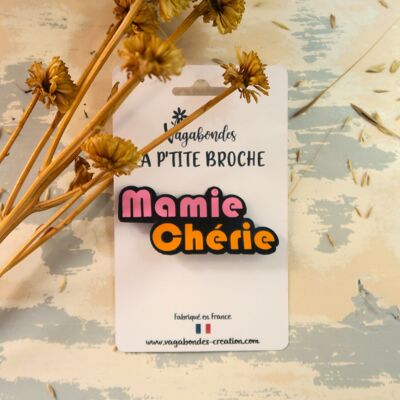 Broche fantaisie en cuir et paillettes - Mamie chérie