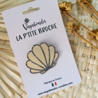 Broche fantaisie en cuir et paillettes - coquillage
