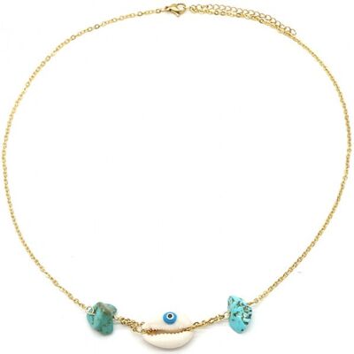 N2121-011G Collier Acier S. Coquillage Turquoise Or