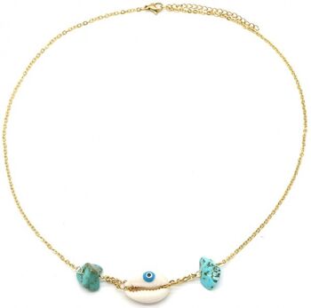 N2121-011G Collier Acier S. Coquillage Turquoise Or 1
