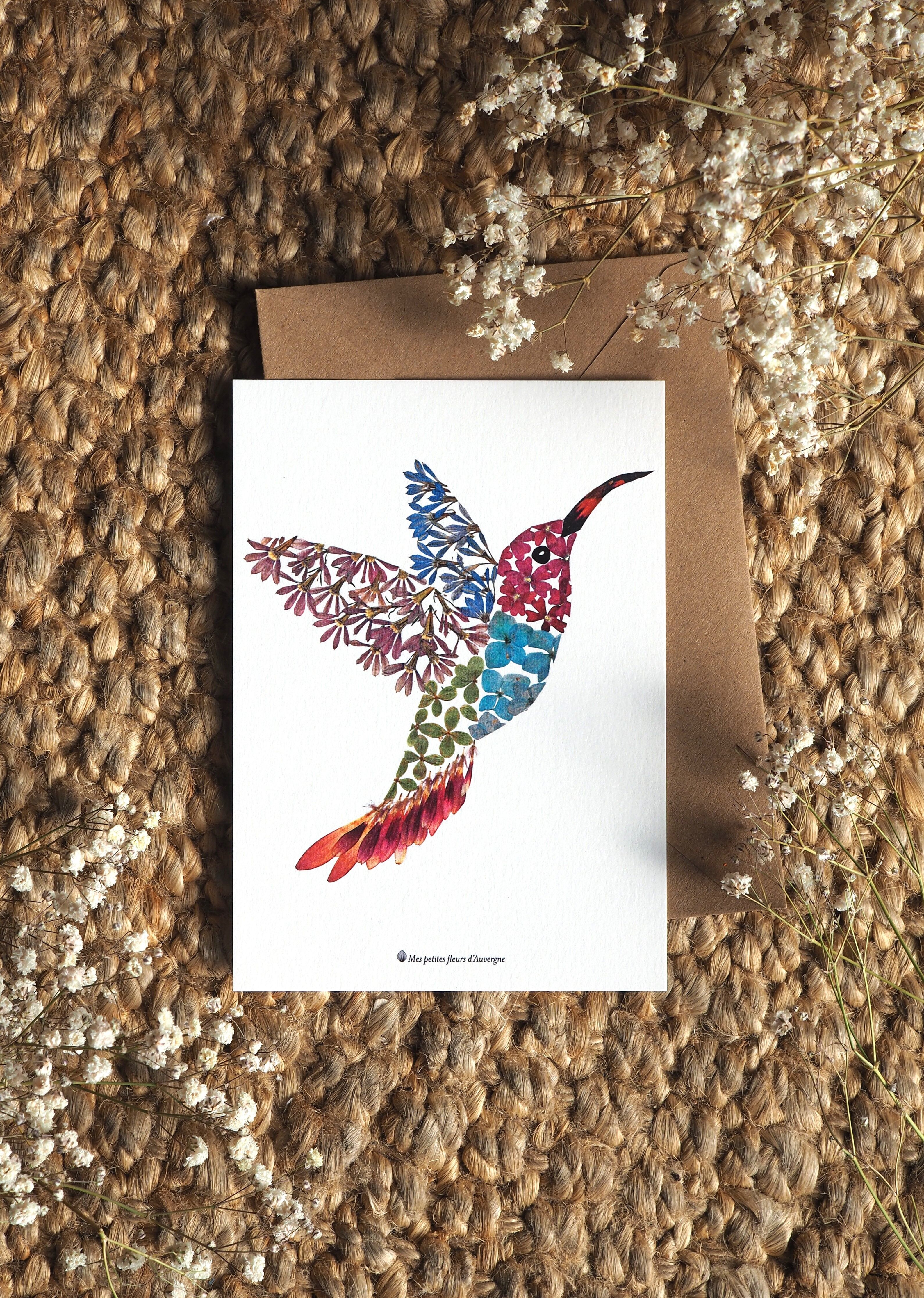 Carte postale A6 - Herbier Colibri en fleurs séchées