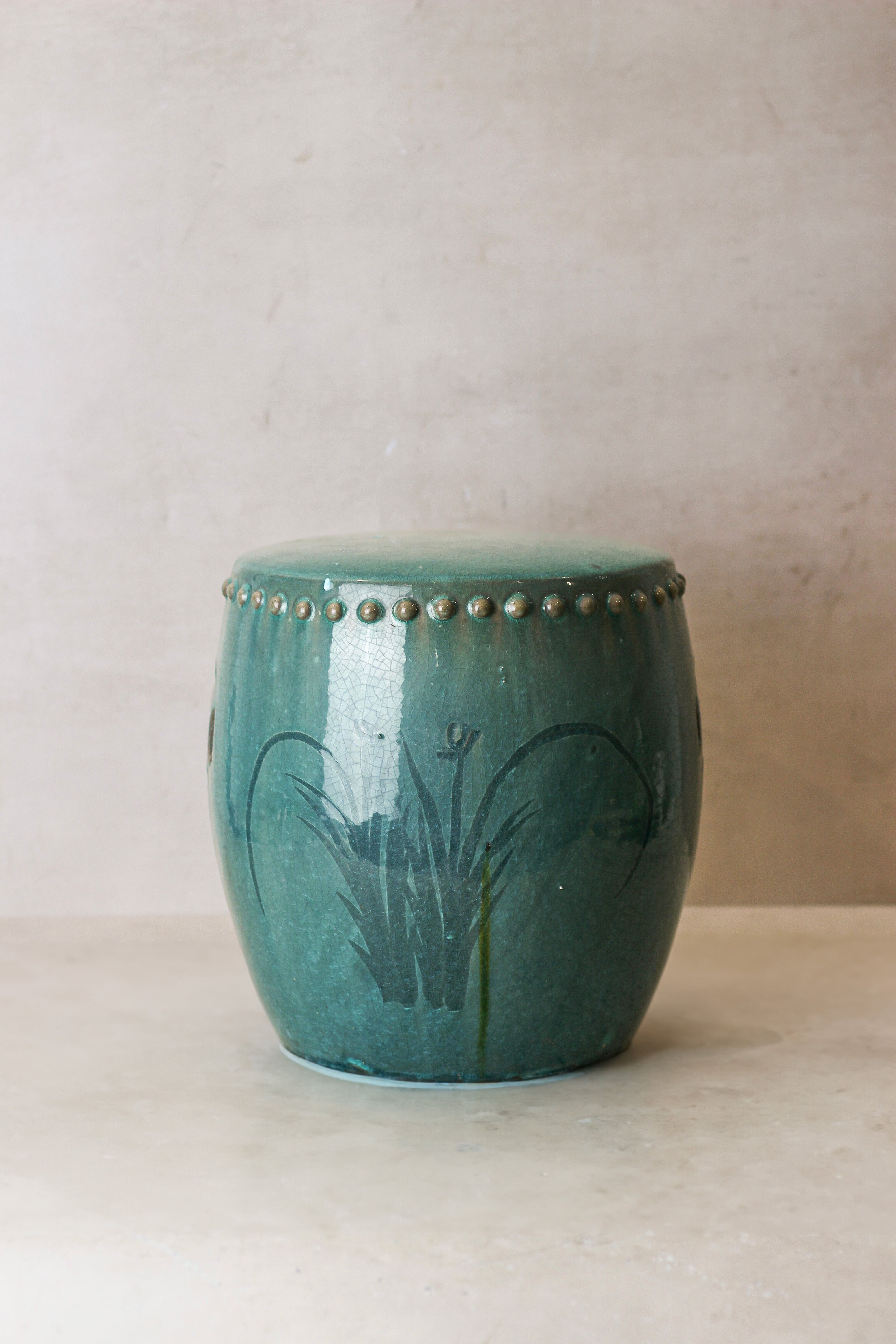 Smaragdgrüner asiatischer Vintage-Gartenhocker mit glasierter Keramik - Nr. 2