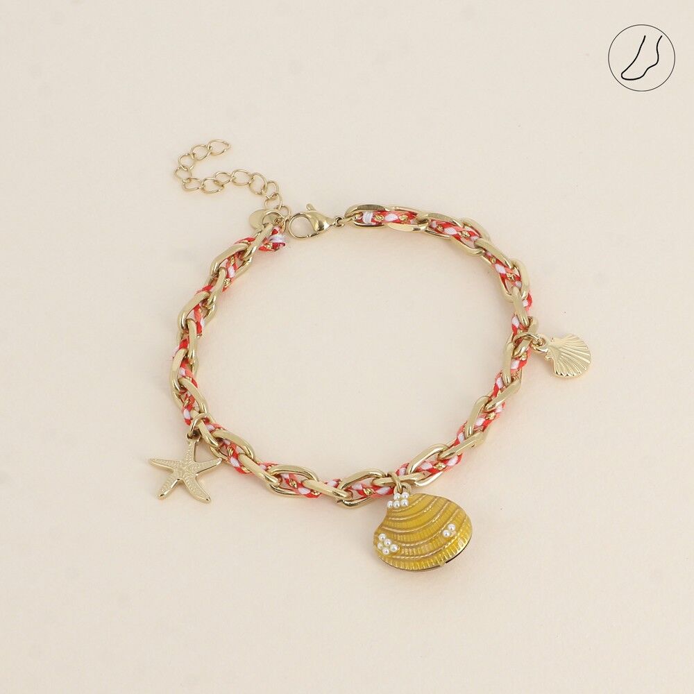 Anklet - chain and braided cord, 3 tassels (starfish, enameled shell and shell)