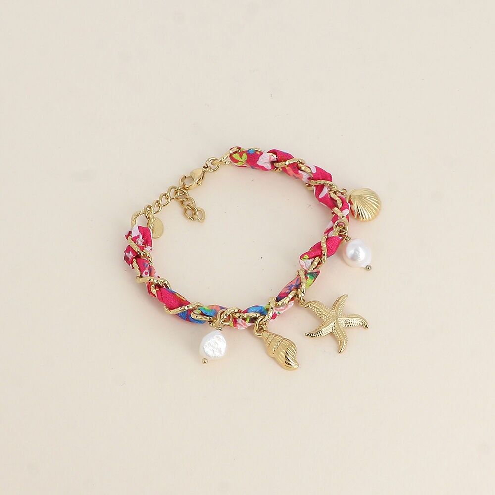 Armband - geflochtener Stoff mit Netz, Meeresanhänger (Muscheln, Seesterne, Süßwasserperlen)