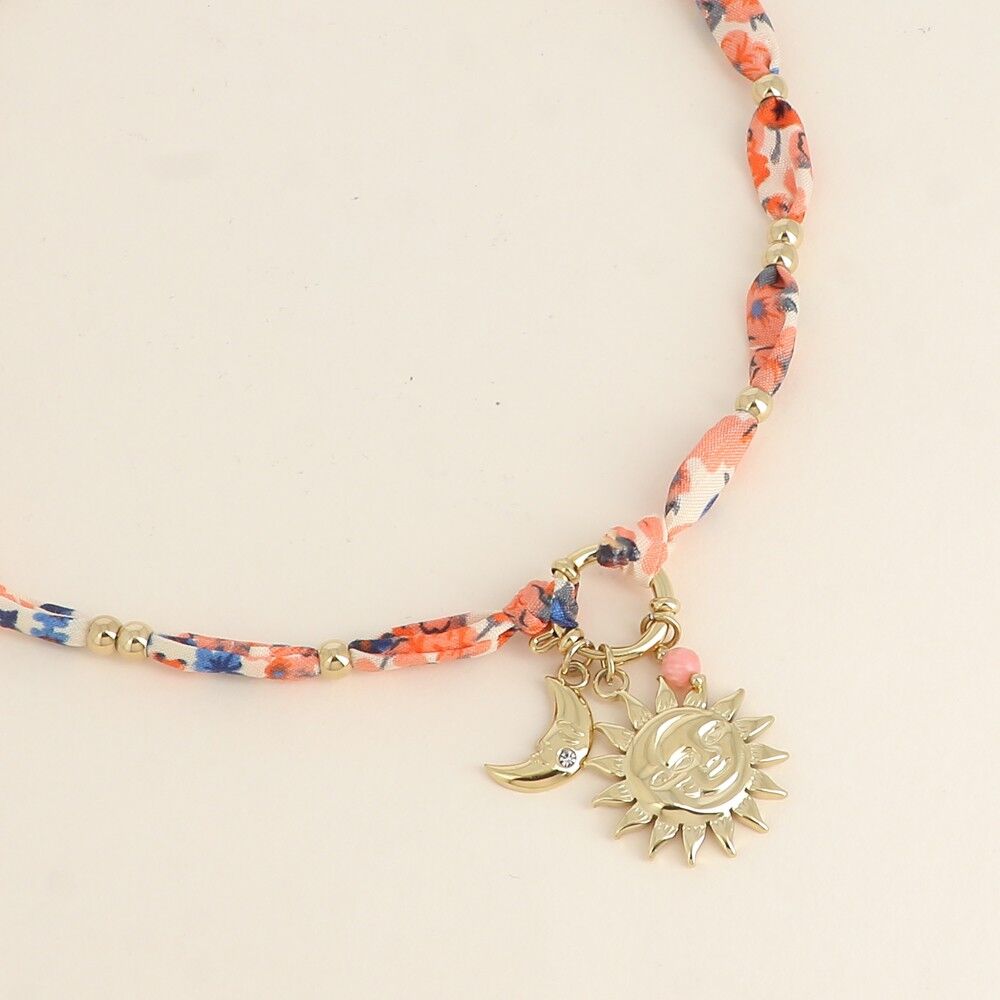 Halskette – Stoff, Bojenverschluss, 3 Anhänger (Perle, Sonnenfinsternis, Mond und Zirkonoxid)