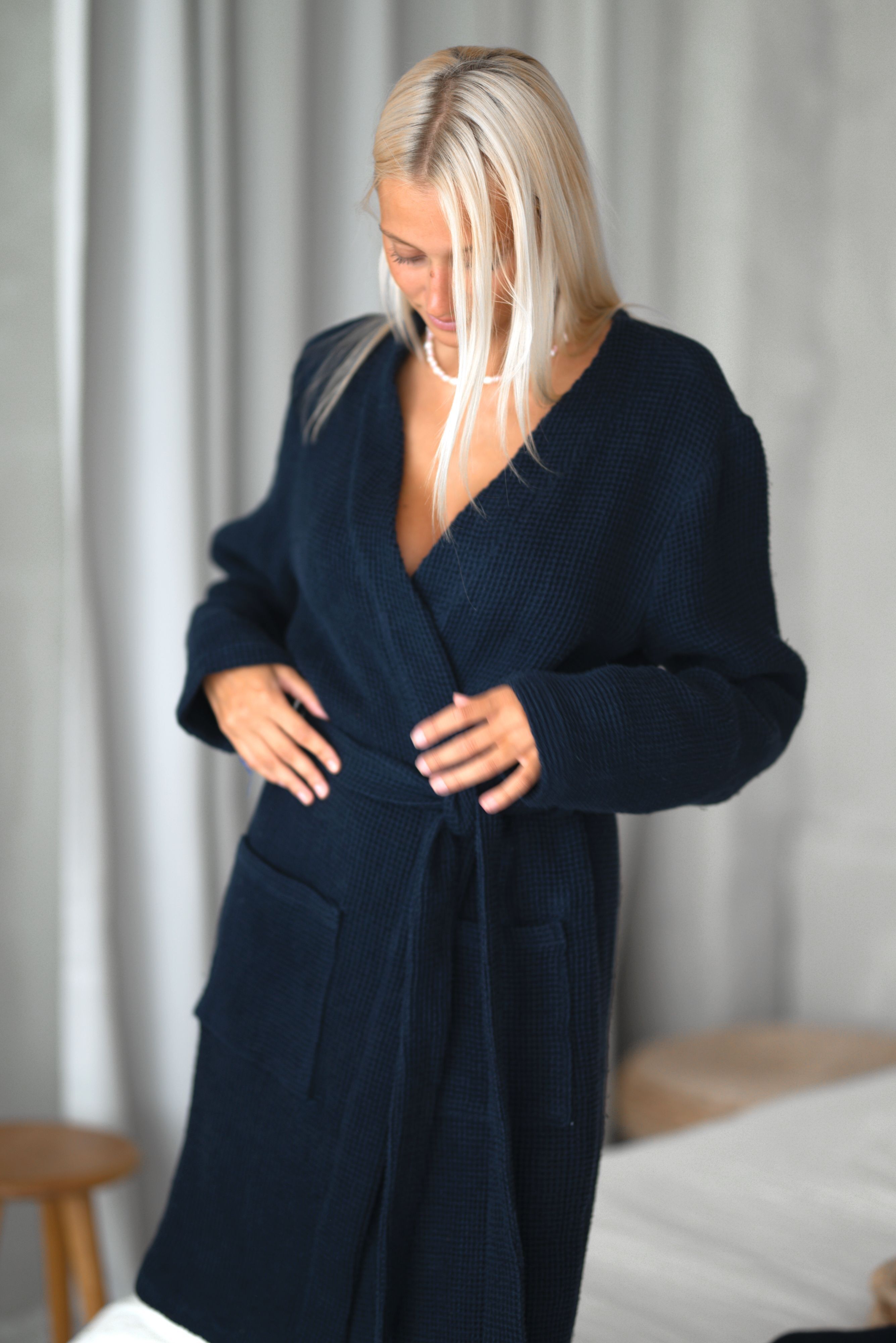 Linen Waffle Bathrobe BW024 in BARITONE BLUE