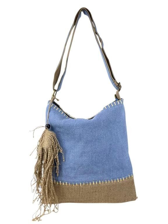 Borsa grande in lino per donna con manico lungo, chiusura con cerniera e frange decorative