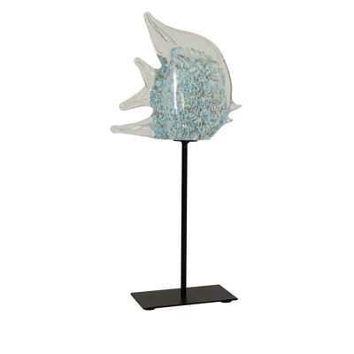 Decorative blue and clear glass fish on metal stand