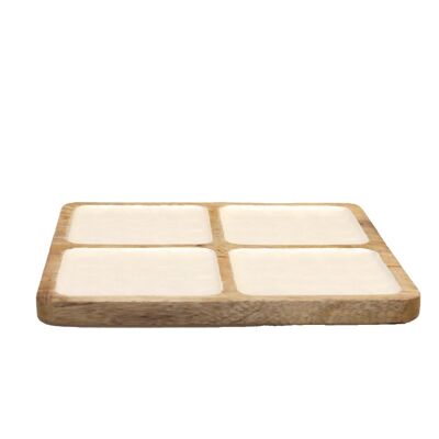 Plato cuadrado blanco con 4 compartimentos en madera de mango