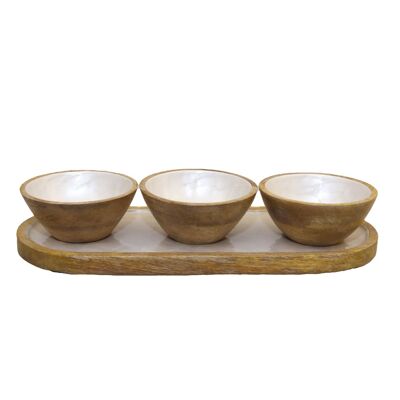 Appetizer set of 3 white bowls on a white wooden tray