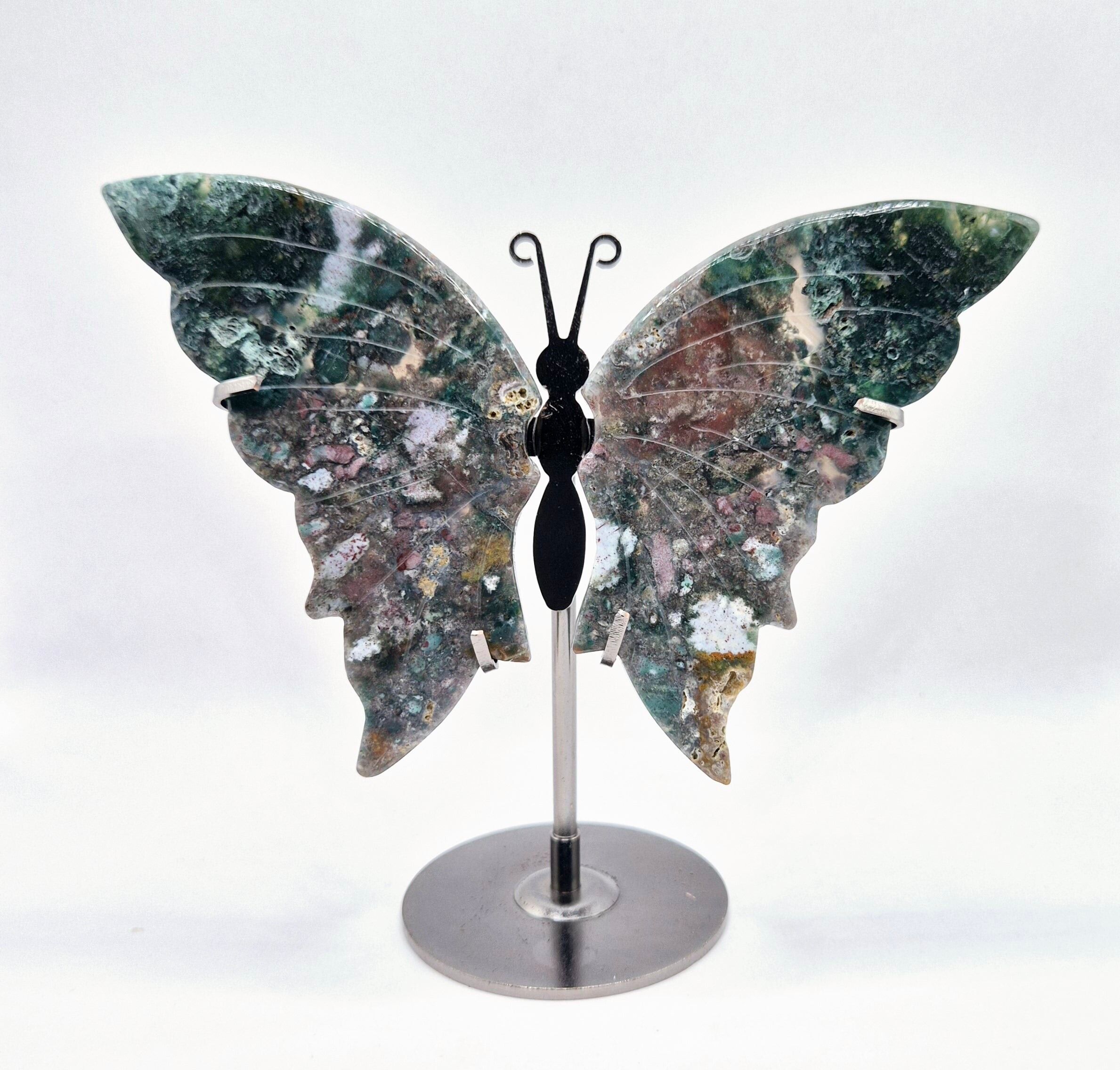 Scultura in cristallo di agata muschiata con supporto in metallo - Farfalla in pietra preziosa di agata muschiata