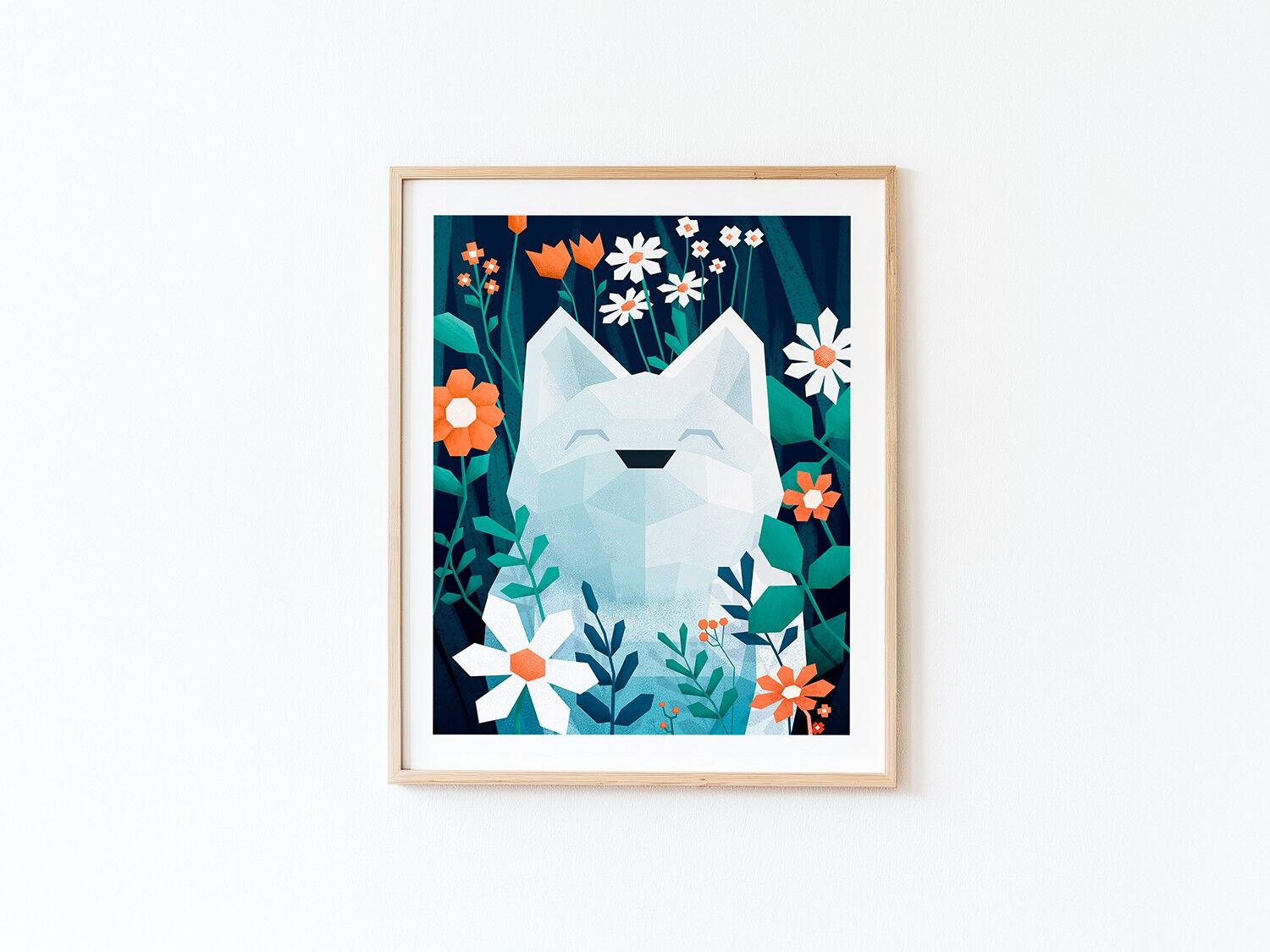 Poster da parete "Cane bianco in un giardino fiorito" - Illustrazione artistica su carta artistica 100% cotone