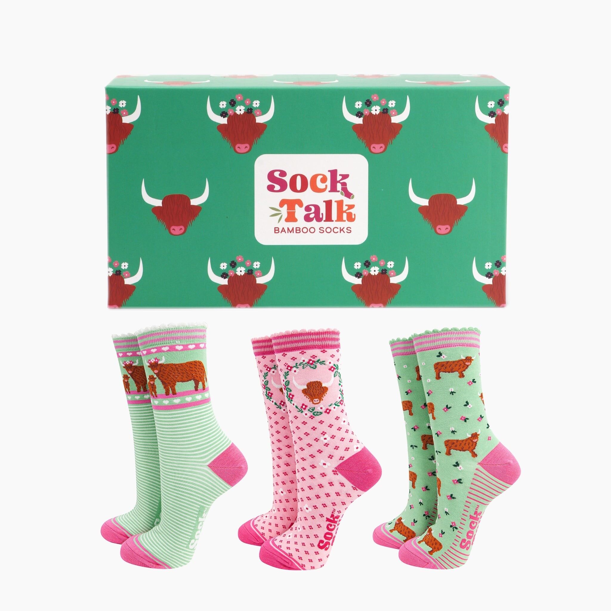 Geschenkbox mit Bambussocken für Damen - Grüne Hochlandkühe