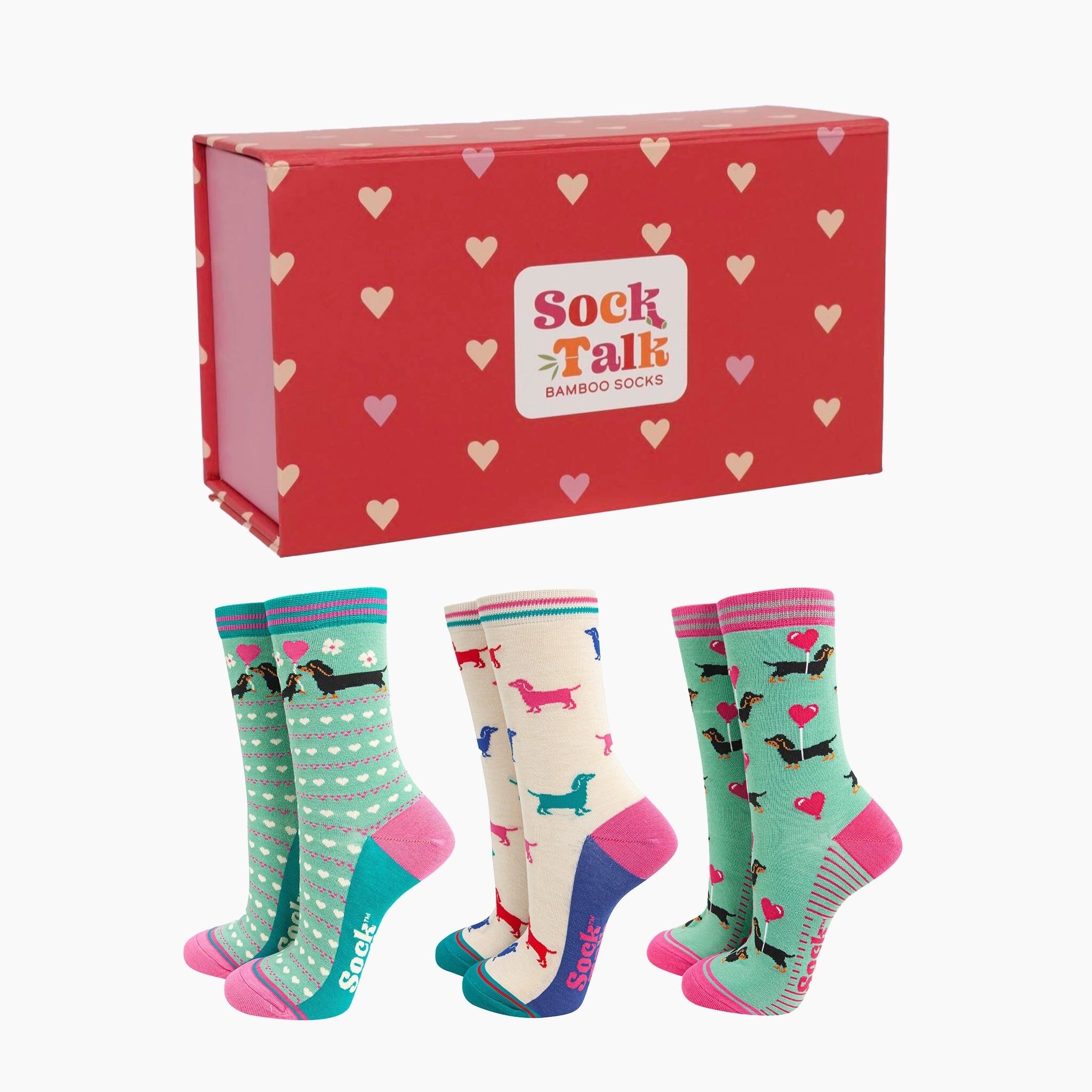Geschenkbox mit Bambussocken für Damen – Dackel mit Herzen