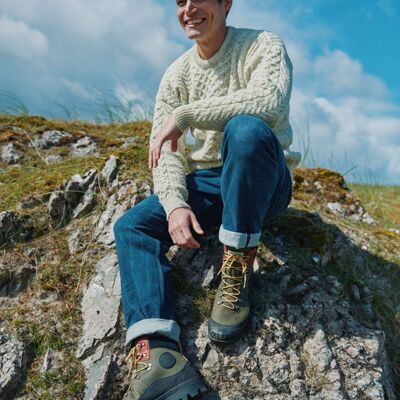 Maglione da uomo in lana al 100% - Maglione tradizionale Aran da uomo Inishbofin - Crema screziata