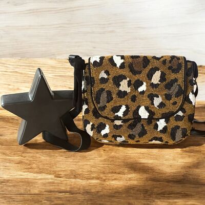 Mini borsa a tracolla in jacquard leopardato con manico in pelle