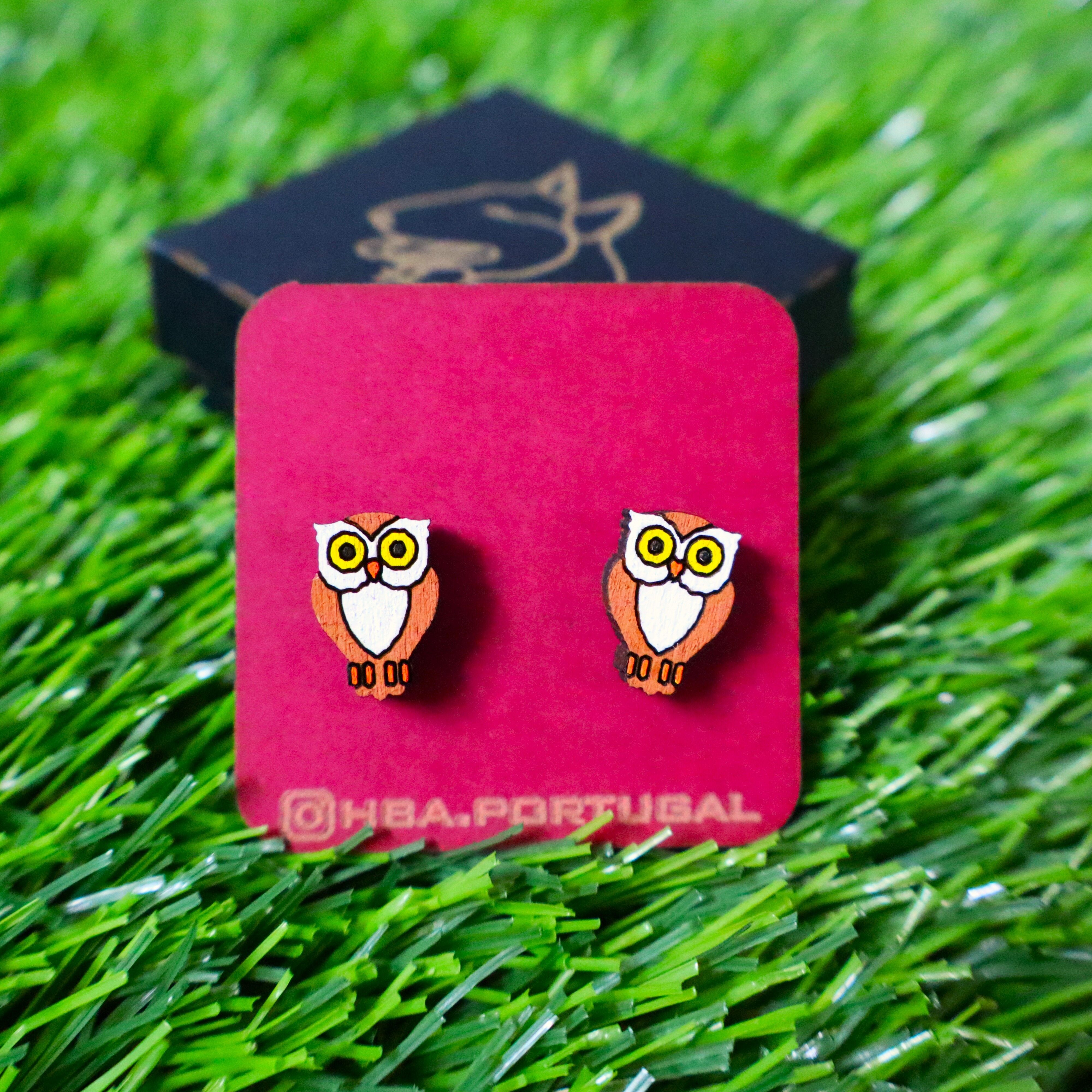 Orecchini gufo colorati in legno, gioiello in legno fatto a mano