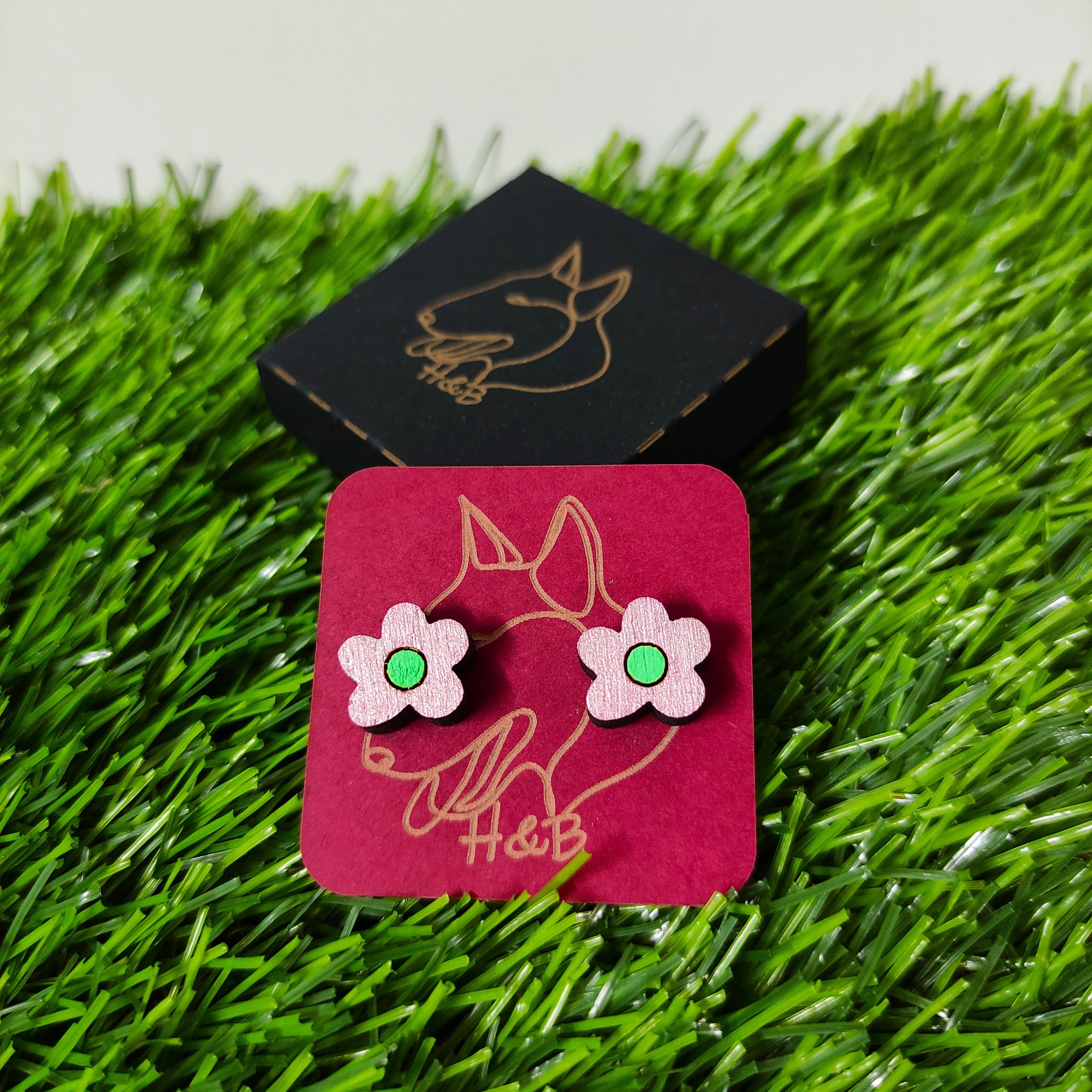 Wooden Colorful Shiny Pink Flower Earrings, Handmade Wood Garden Jewel