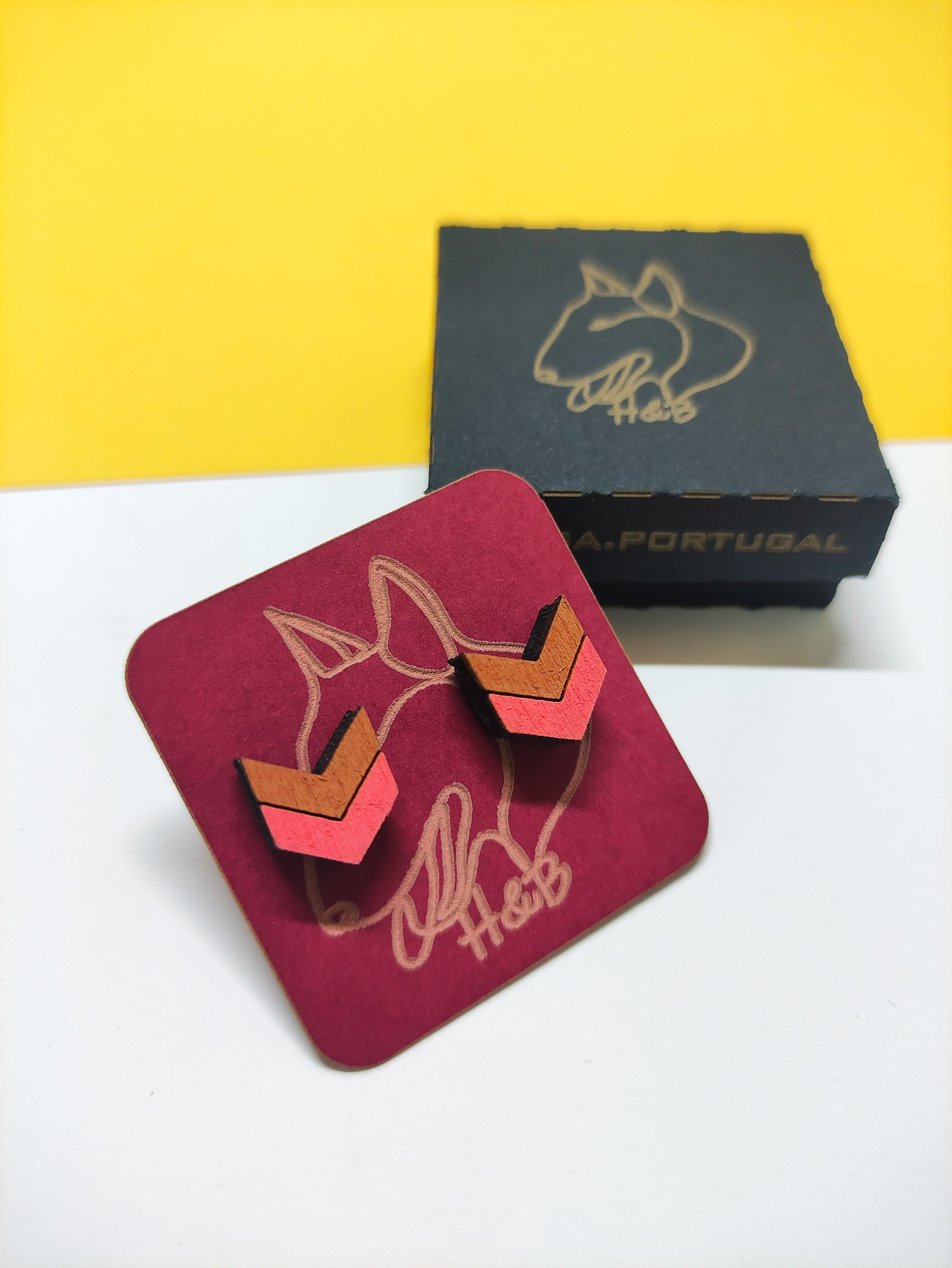 Wooden Colorful Geometric Earrings, Handmade Brown and Coral Pink Painted Jewelry