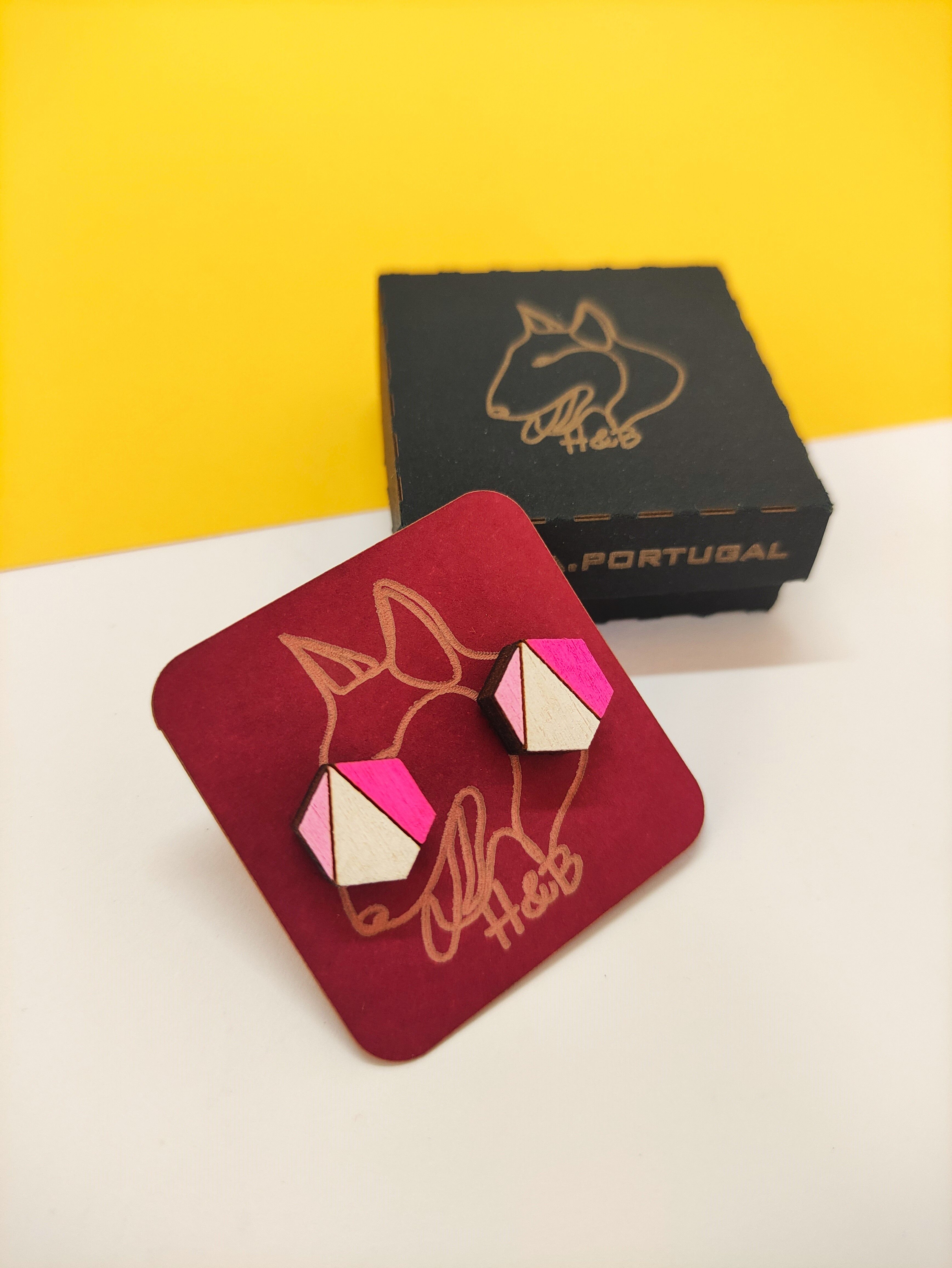 Boucles d'oreilles géométriques colorées en bois, bijoux tricolores hexagonaux faits main