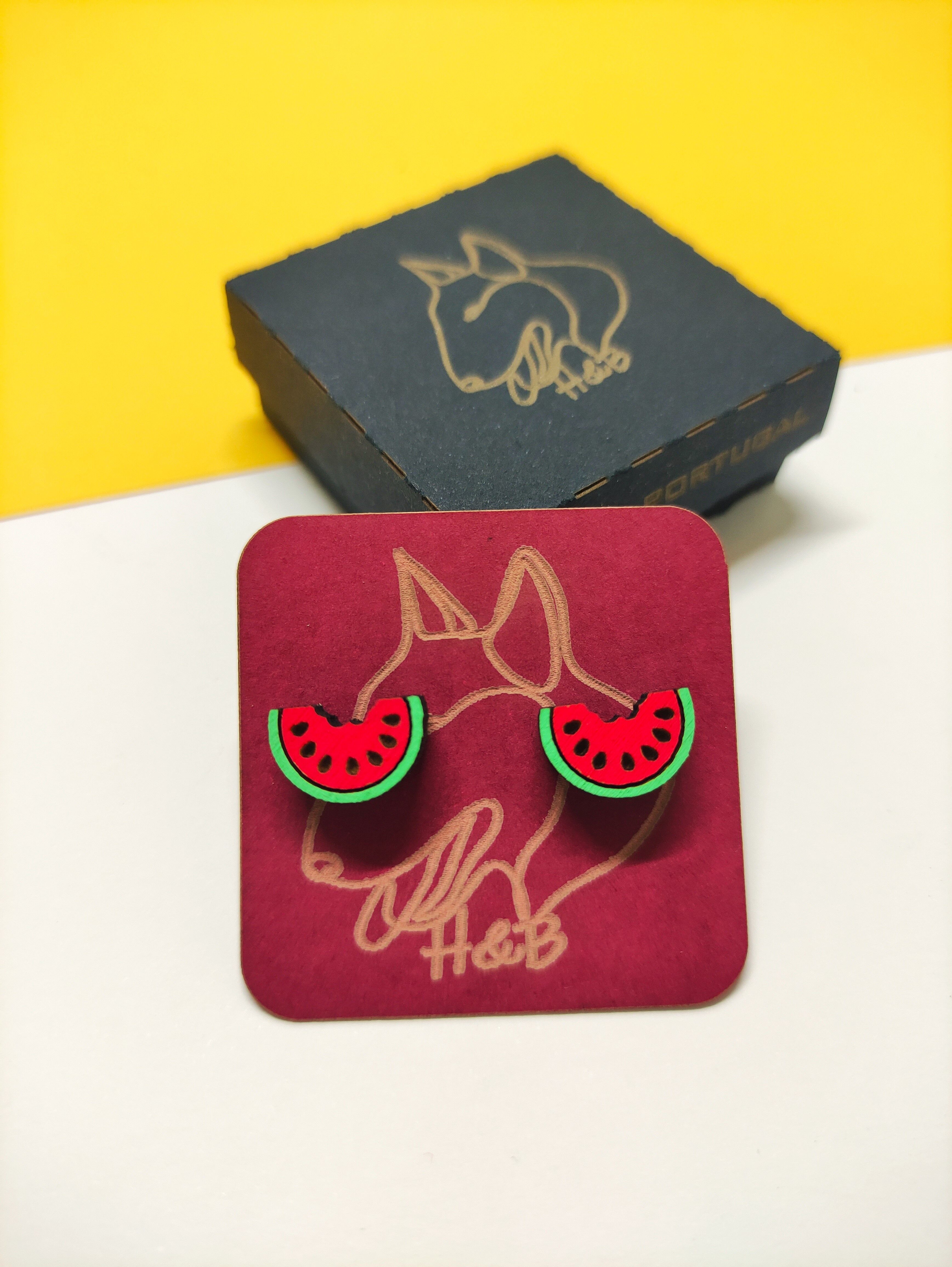 Orecchini colorati in legno di anguria, gioielli di frutta fatti a mano