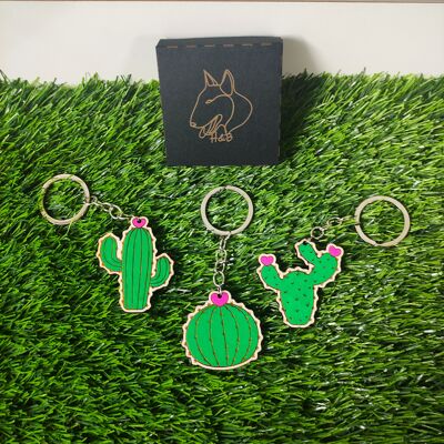 Llavero de cactus de madera colorido, llavero personalizado, regalo de la naturaleza