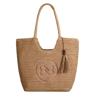 Bolso tote tejido con pompón y logo bordado
