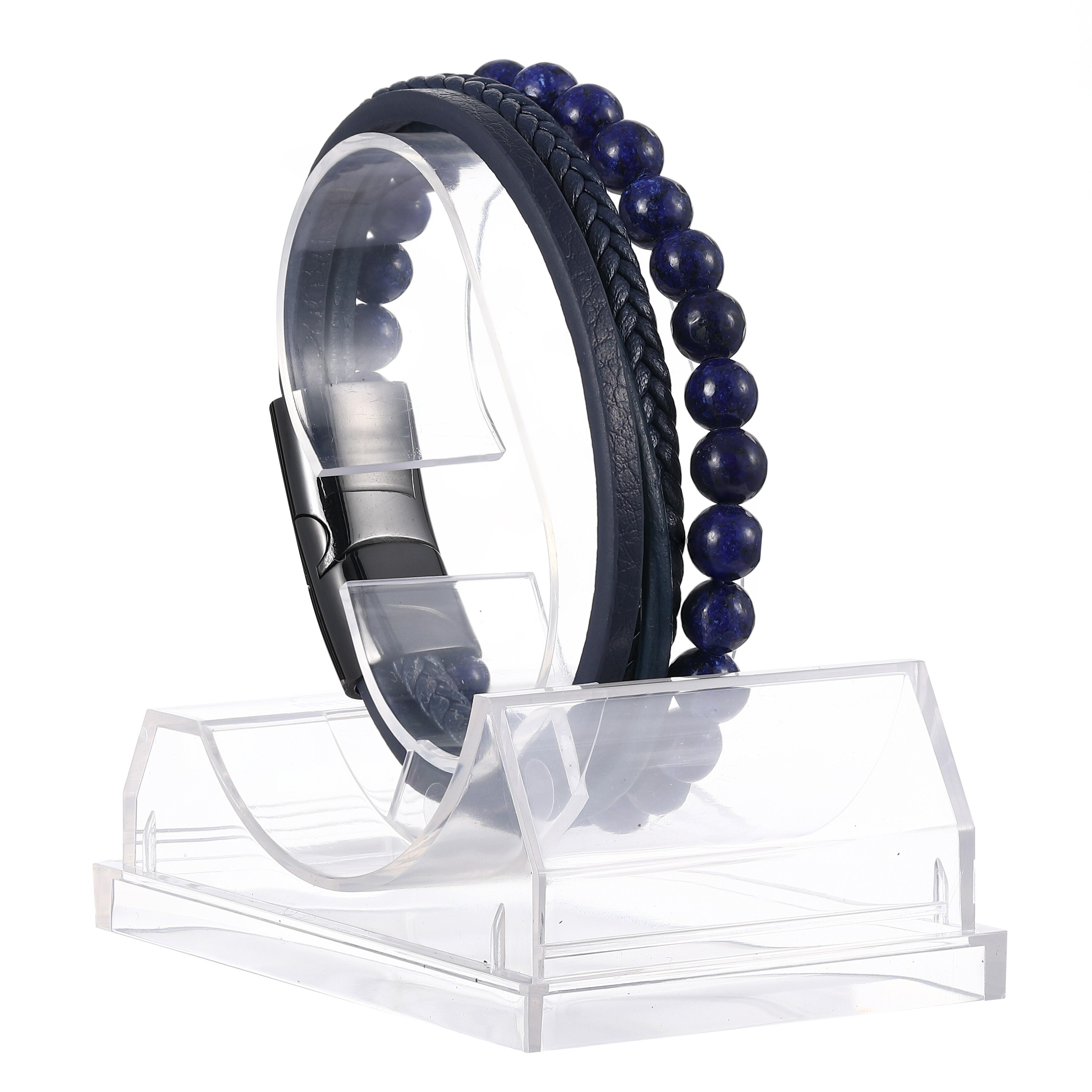 Bracciale da uomo in pelle e perle naturali con base di presentazione