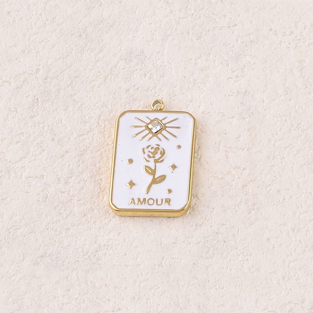 Ciondoli rettangolari in smalto con motivo floreale, sole in strass e messaggio "LOVE"