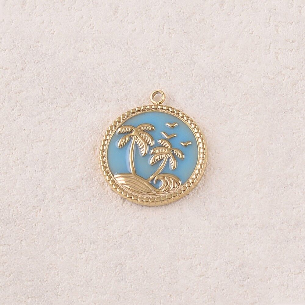 Runde Emaille-Anhänger mit Palmen-, Möwen- und Wellen-Motiv