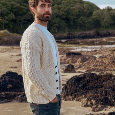 Cárdigan de hombre 100 % lana - Cárdigan Aran de Clare Island para hombre - Crema