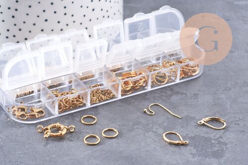 Boite Kit mix de 12 types de fournitures pour bijoux en acier inoxddable doré ou platine, x1 (G10142/G10143)