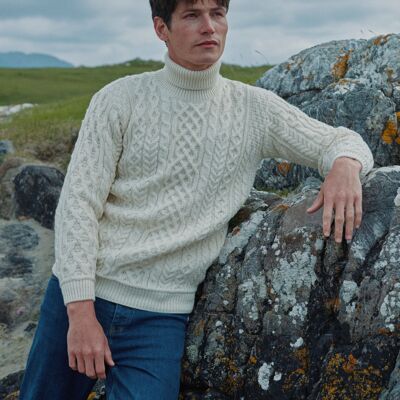 100% Wool Men's Sweaters - Kylemore Men's Aran Polo Neck Sweater - Aran Knit - Knitwear - Cream