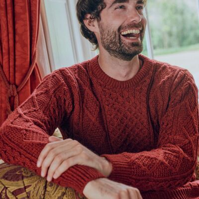 Suéter para hombre 100 % lana - Suéter tradicional Éireann Aran supersuave - Punto Aran - Rojo Rua