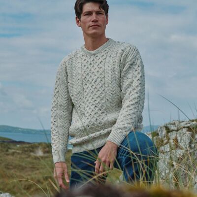 100% Wool Men's Sweater - Inisheer Traditional Men's Aran Sweater - Flecked Cream