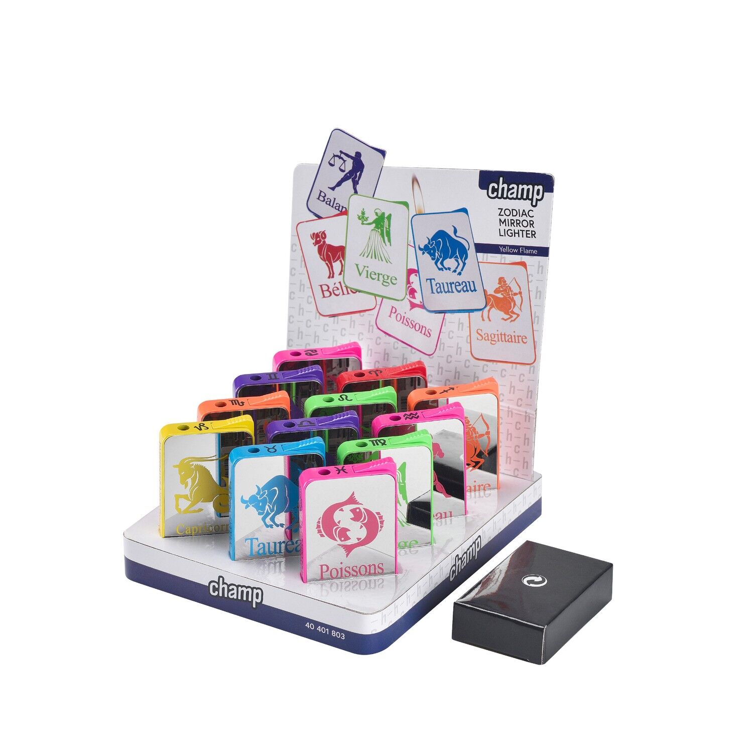 Display of 12 RECHARGEABLE METAL ZODIAC SIGN LIGHTERS