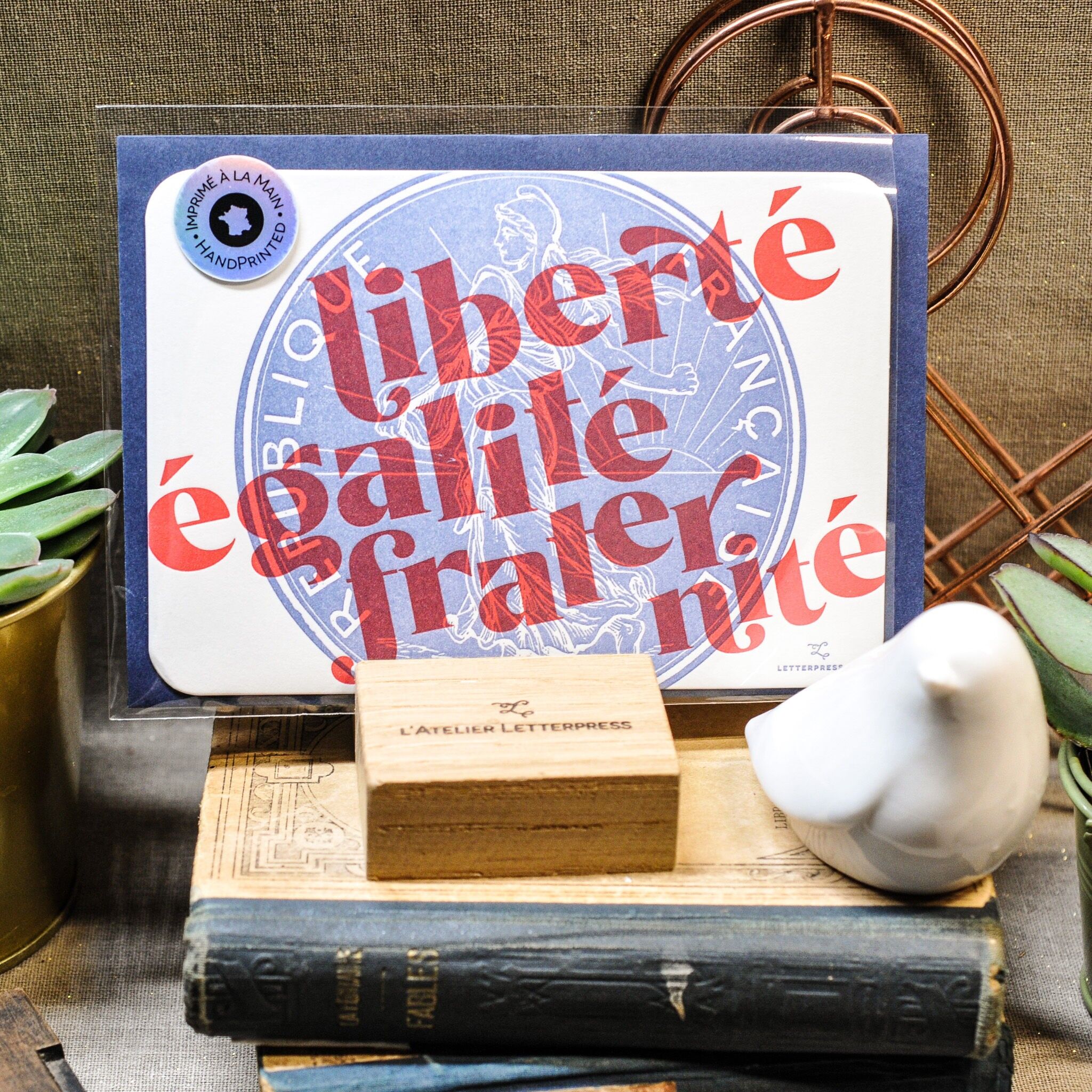 Letterpress card Liberty Equality Fraternity, A6, envelope, blue white red, vintage, France, French