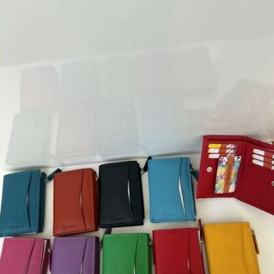 Portafoglio da donna in pelle con scatola, cerniera, bottone, scomparti per carte e scomparto anteriore