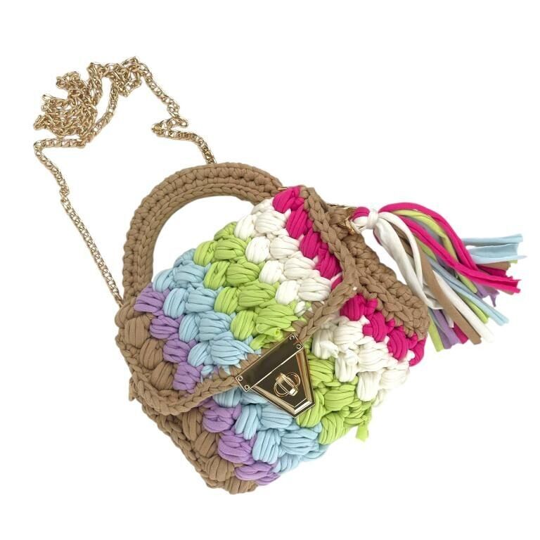 Borsa da donna in cotone e uncinetto con frange decorative, manico corto e manico lungo