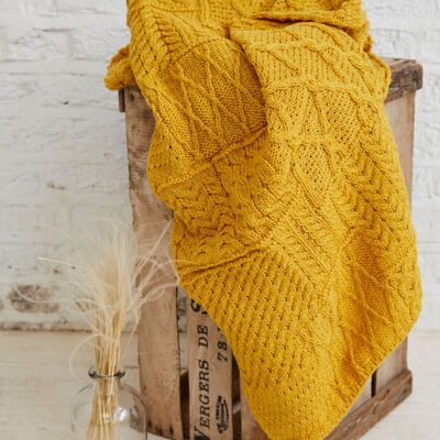 100% Wool Blanket - Keel Aran Patchwork Blanket - Sunflower